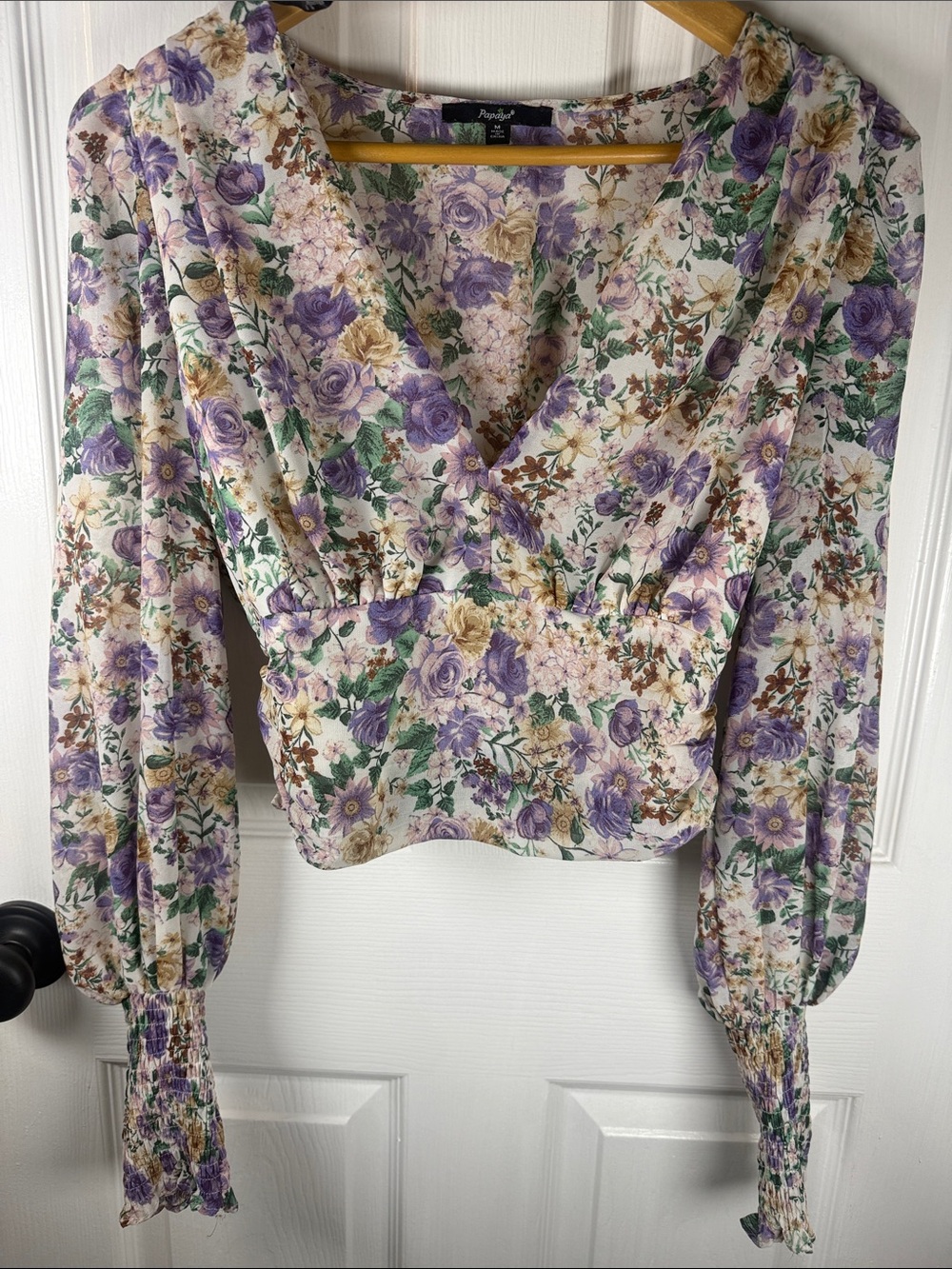 Papaya Cream Floral V-Neck Smocked Waist Blouse